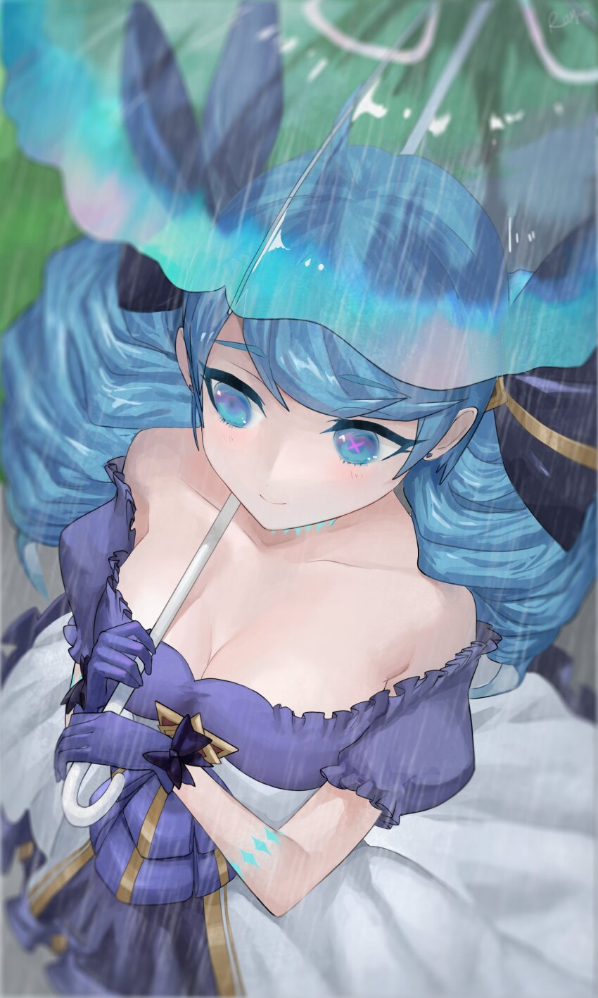 1girl absurdres black_bow bow breasts closed_mouth collarbone dress drill_hair gloves grass green_eyes grey_dress gwen_(league_of_legends) hair_bow highres holding holding_umbrella large_breasts league_of_legends long_hair puffy_short_sleeves puffy_sleeves purple_dress purple_gloves rain rayn87250715 see-through_clothes short_sleeves smile twin_drills twintails umbrella