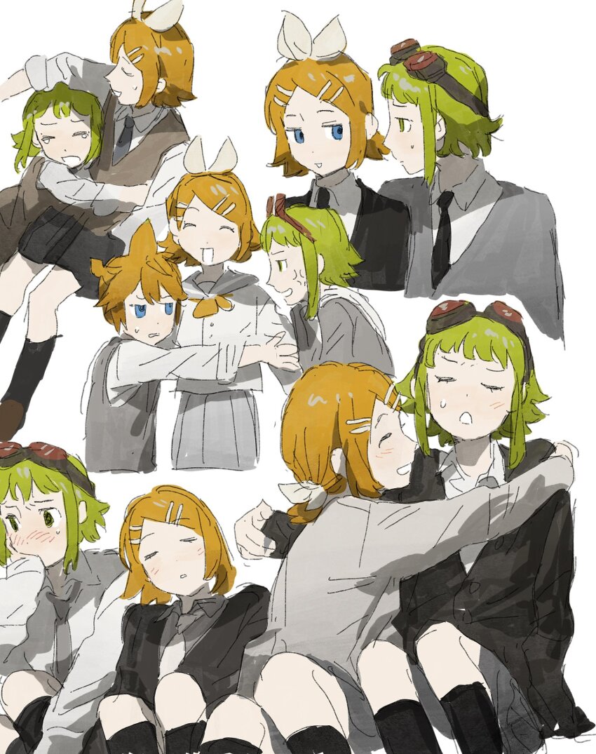 1boy 2girls ^_^ anger_vein black-framed_eyewear black_jacket black_necktie black_socks blazer blonde_hair blue_eyes blush bow closed_eyes eyelashes goggles goggles_on_head green_eyes green_hair grey_jacket grey_sailor_collar grey_skirt grey_vest grin gumi hair_bow hair_ornament hairclip hand_on_own_cheek hand_on_own_face highres hug jacket kagamine_len kagamine_rin kneehighs long_sleeves looking_ahead low_ponytail ma_fu miniskirt multiple_girls multiple_views neckerchief necktie open_mouth ponytail red-tinted_eyewear round_eyewear sailor_collar school_uniform serafuku shirt short_hair short_ponytail simple_background skirt smile socks sweatdrop sweater_jacket tinted_eyewear vest vocaloid white_background white_bow white_neckerchief white_shirt yellow_neckerchief yuri
