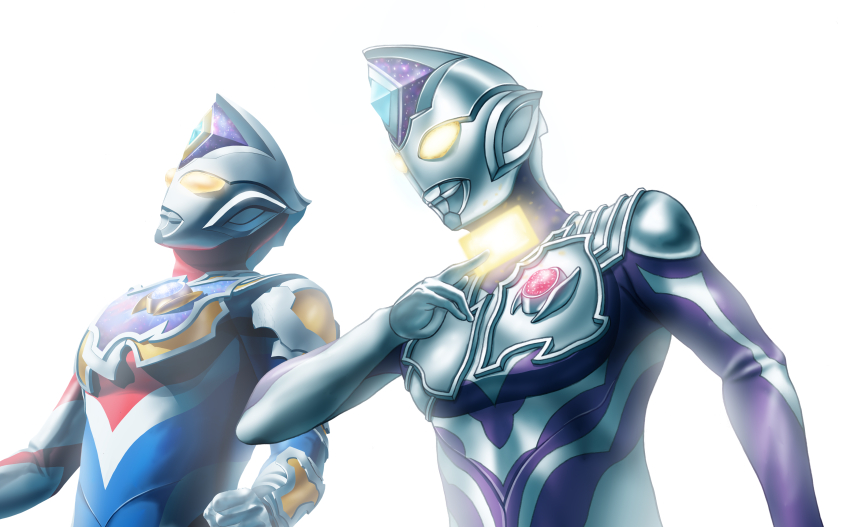 1boy 1other absurdres alien armor asymmetrical_arms between_fingers blue_gemstone blue_skin breastplate card card_between_fingers clenched_hand color_timer colored_skin commentary compound_eyes crystal dorsal_fin forehead_jewel gem glowing glowing_card glowing_eyes gold_vambraces hand_up highres holding holding_card looking_down looking_up multicolored_skin muscular muscular_male muscular_other overexposure pectorals purple_skin red_skin silver_skin silver_trim simple_background single_vambrace standing tokusatsu ultra_series ultraman_decker ultraman_decker_(flash_type) ultraman_decker_(series) ultraman_dinas upper_body vambraces white_background wrinkled_skin yellow_eyes yoshifuto