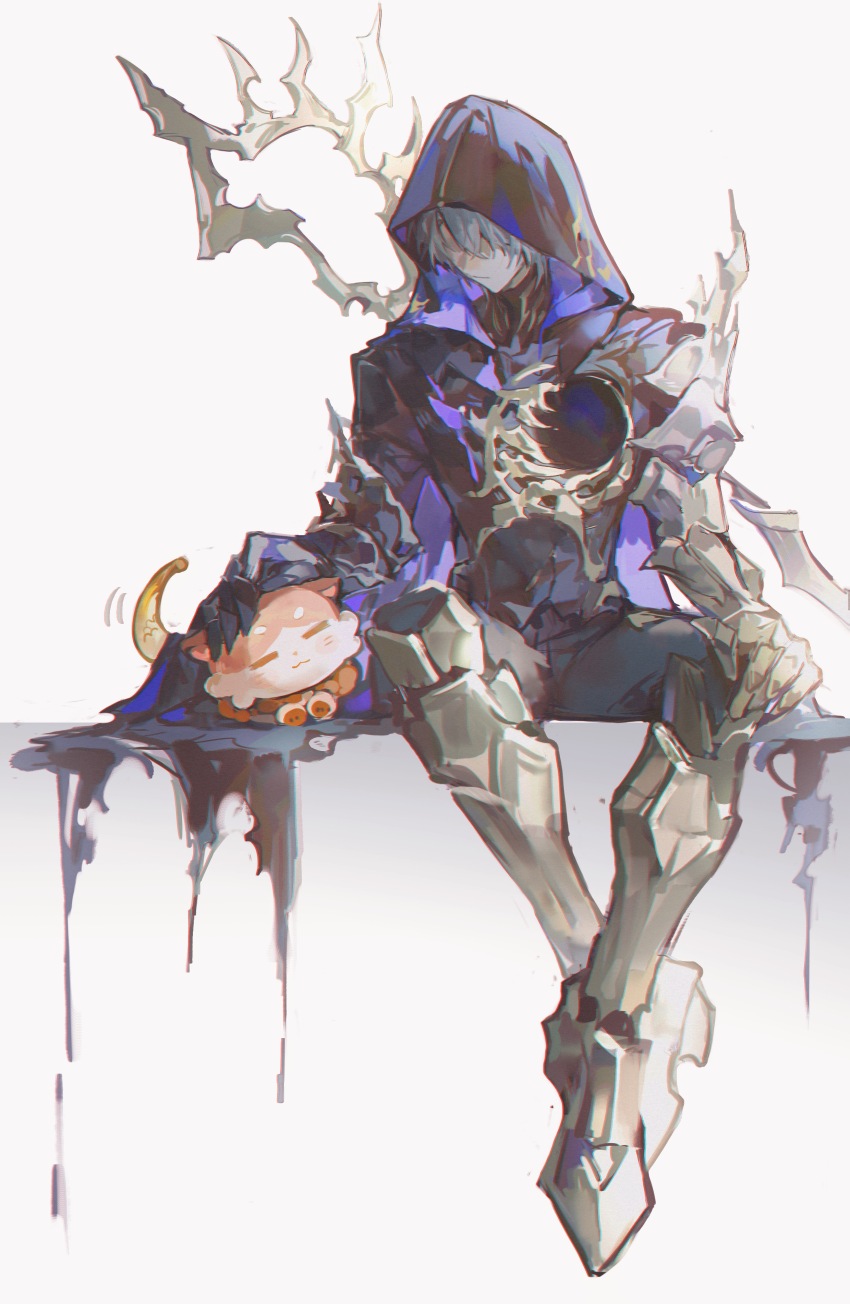 1boy absurdres armor armored_boots armored_gloves black_cloak black_pants boots chimera_(honkai:_star_rail) chinese_commentary cloak commentary_request dark_persona full_body hair_between_eyes highres honkai:_star_rail honkai_(series) hood hood_up hooded_cloak iron_hailai looking_at_creature male_focus pants petting phainon_(honkai:_star_rail) short_hair shoulder_armor simple_background sitting solo tail tail_wagging white_background white_hair