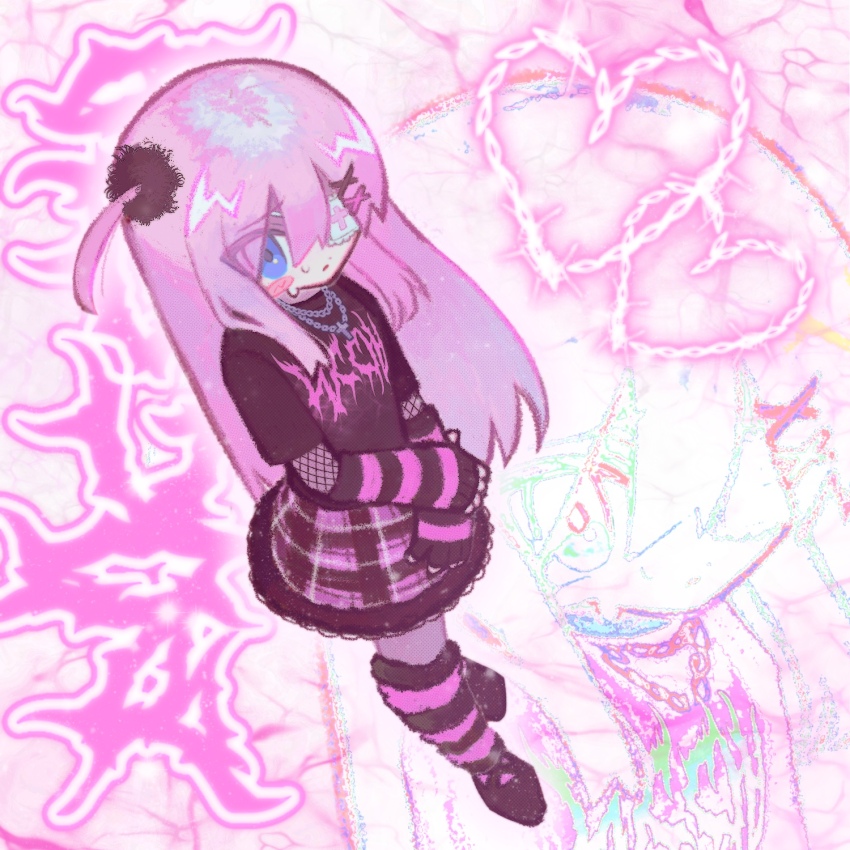 1girl black_footwear black_shirt blue_eyes bocchi_the_rock! chain chain_necklace character_name commentary elbow_gloves eyepatch fingerless_gloves fishnet_sleeves fishnets full_body gloves gotoh_hitori hair_ornament heart highres jewelry leg_warmers long_hair necklace pink_hair plaid_clothes plaid_skirt punk shirt side_ahoge skirt solo striped_clothes striped_gloves striped_leg_warmers sweatdrop x_hair_ornament yappari