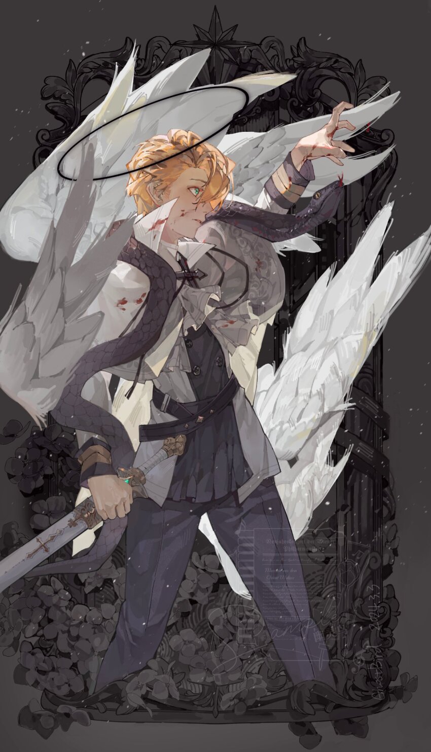 1boy alternate_costume angel_wings aristocratic_clothes belt black_belt black_clover black_flower black_halo black_pants blood blood_on_clothes blood_on_face blood_on_hands blue_eyes brown_hair capelet cross cross_necklace feathered_wings feathers flower from_side halo highres holding holding_sword holding_weapon jewelry langris_vaude long_sleeves male_focus multiple_wings necklace pants parted_lips picture_frame profile short_hair snake snake_on_shoulder solo sword weapon white_capelet white_feathers white_wings wings xingji20108