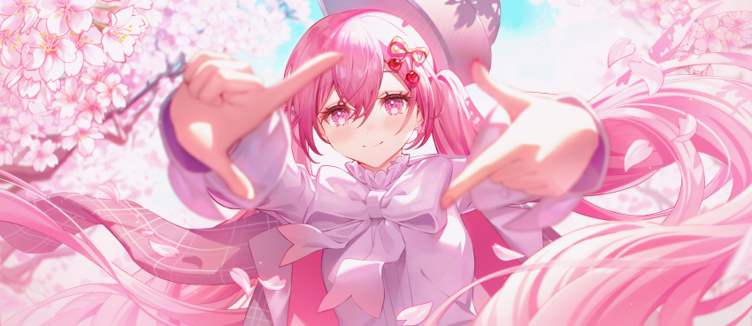 1girl absurdres blurry bow brown_hat cherry_blossoms cherry_hair_ornament commentary depth_of_field earrings falling_petals finger_frame flower_earrings food-themed_hair_ornament hair_between_eyes hair_ornament hat hatsune_miku highres jacket jacket_on_shoulders jewelry long_hair long_sleeves looking_at_viewer petals pink_eyes pink_hair plaid_clothes plaid_jacket sakura_miku sakura_miku_(rella) shirt smile symbol-only_commentary twintails very_long_hair vocaloid weizhi white_bow white_shirt