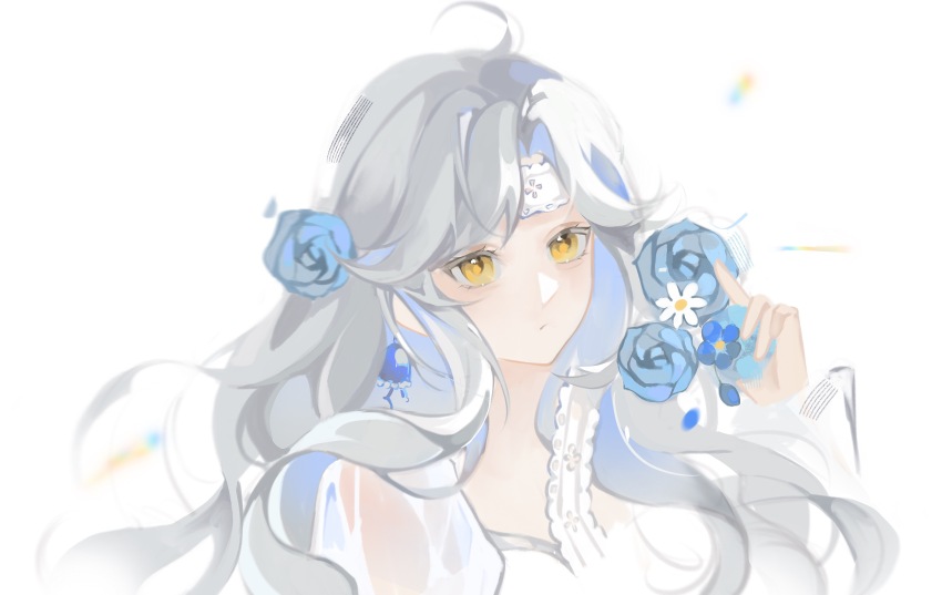 1girl absurdres ahoge blue_flower closed_mouth coat dot_mouth eternity_(reverse:1999) flower hair_flower hair_ornament hand_up highres holding holding_flower jinshu_ersan looking_at_viewer portrait reverse:1999 see-through_clothes see-through_coat solo wavy_hair white_background white_flower white_hair yellow_eyes