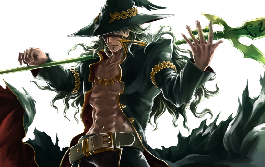 1boy bare_pectorals belt eyepatch food_fighter_441 green_eyes green_hair gungho_online_entertainment highres image_sample jewelry muscular necklace odin_(p&amp;d) open_clothes open_shirt pectorals pixiv_sample polearm puzzle_&amp;_dragons resized shirt spear weapon
