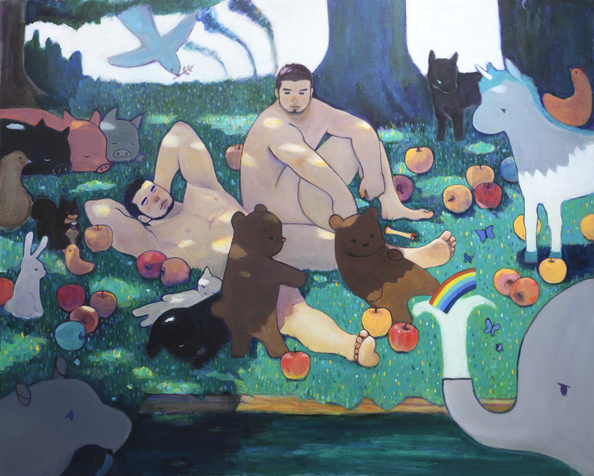 2boys acrylic_paint_(medium) affectionate apple bara bear bug butterfly capybara cat completely_nude convenient_censoring day elephant facial_hair food forest fruit goatee hippopotamus insect large_pectorals lying male_focus medium_sideburns multiple_boys muscular muscular_male nature nipples nude on_back original painting_(medium) pectorals photo_(medium) pig rabbit rainbow shade short_hair sitting sleeping squirrel thick_eyebrows torajiro_art traditional_media tree unicorn yaoi