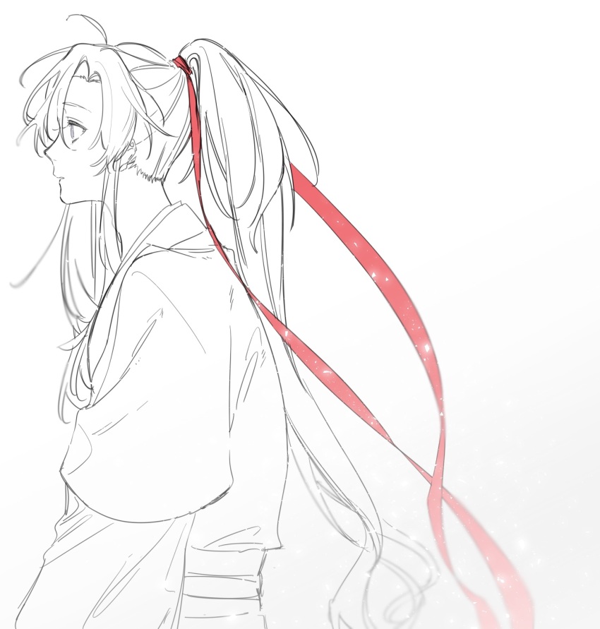 1boy ahoge chinese_clothes closed_mouth from_side greyscale gymnasium119 hair_between_eyes hair_ribbon hanfu highres light_particles long_hair long_sleeves looking_to_the_side male_focus modao_zushi monochrome parted_lips ponytail profile red_ribbon ribbon robe sash sidelocks simple_background solo spot_color upper_body very_long_hair wei_wuxian white_background wide_sleeves
