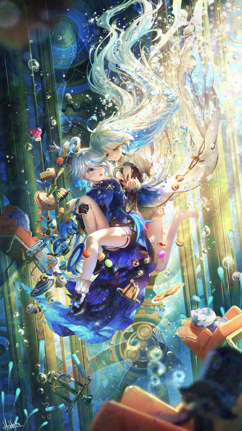 2girls absurdres ahoge black_shorts blue_eyes blue_jacket closed_mouth commentary dress furina_(genshin_impact) genshin_impact gentilhomme_usher hair_between_eyes hebbtia highres jacket juliet_sleeves knee_up long_hair long_sleeves mademoiselle_crabaletta multiple_girls open_mouth puffy_sleeves short_hair shorts signature smile surintendante_chevalmarin tailcoat thigh_strap underwater white_dress white_hair