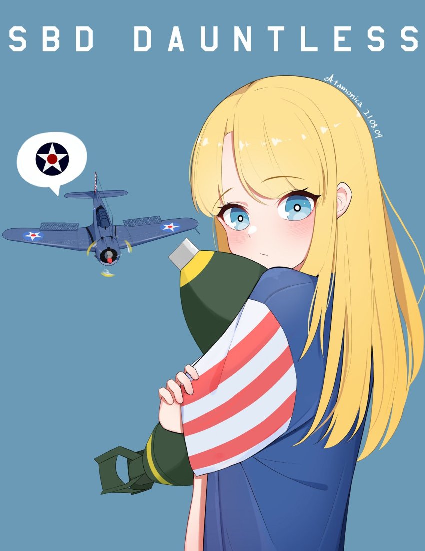1girl aerial_bomb aircraft airplane artist_name atamonica blonde_hair blue_eyes bomb character_name commentary explosive highres jacket long_hair looking_at_viewer original propeller sbd_dauntless