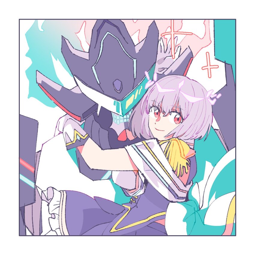1boy 1girl alexis_kerib breasts carrying glasses gridman_universe gridman_universe_(movie) hand_around_neck highres large_breasts light_purple_hair looking_at_viewer ningen_(ssss) red_eyes shinjou_akane short_hair smile spoilers ssss.gridman