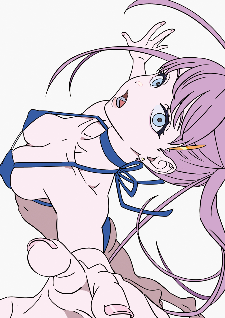 1girl absurdres arms_up ass bare_shoulders bikini blue_bikini blue_choker blue_eyes breasts character_request choker cleavage collarbone copyright_request covered_erect_nipples floating_hair from_above hair_between_eyes highres mebae medium_breasts open_mouth perky_breasts simple_background solo swimsuit white_background
