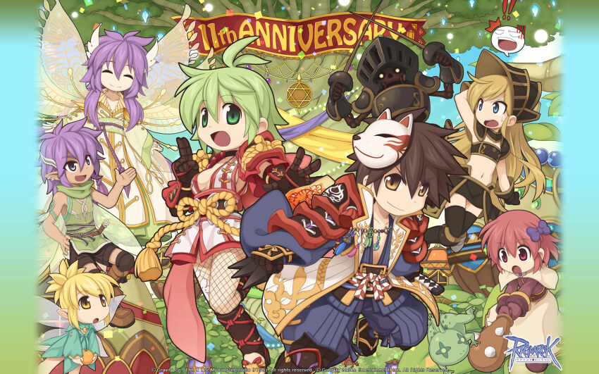 ! !! 3boys 4girls :d :o acolyte_(ragnarok_online) anniversary armor armpits black_armor black_gloves black_skirt black_socks black_thighhighs blonde_hair blue_eyes blue_pants blue_shirt breasts brown_eyes brown_gloves brown_hair brown_shirt capelet closed_mouth club club_(weapon) coat copyright_notice fairy fairy_wings fishnet_pantyhose fishnets flat_chest foil_(fencing) fox_mask frog full_body gloves green_eyes green_hair hair_between_eyes hakama hakama_pants hexagram highres hishieh holding holding_club holding_sword holding_weapon japanese_armor japanese_clothes kagerou_(ragnarok_online) khalitzburg_(ragnarok_online) kimono kote logo long_hair long_sleeves looking_at_viewer looking_to_the_side mask mask_on_head mayor_jun_kardui medium_breasts midriff multiple_boys multiple_girls navel oboro_(ragnarok_online) official_art official_wallpaper open_clothes open_coat open_mouth open_shirt pants pantyhose pauldrons pointy_ears purple_hair ragnarok_online roda_frog shin_guards shirt short_hair short_kimono shoulder_armor skeleton skirt sleeveless sleeveless_coat smile socks spiked_club sword tassel thighhighs toeless_legwear tree undead very_long_hair visor_(armor) weapon white_capelet white_coat white_kimono white_skirt wings yuichirou