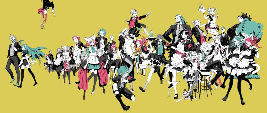 6+boys 6+girls 7th_dragon 7th_dragon_(series) 7th_dragon_2020 7th_dragon_2020-ii absurdres aitelle alternate_costume animal_ears annotated apron ayafumi_kirino blush butler cat_ears chelsea_(7th_dragon) daigo_(7th_dragon) destroyer_(7th_dragon_2020) doujima_rin emel_(7th_dragon) enmaided everyone formal_clothes full_body furusuga_cheron genji_gatou glasses gloves hacker_(7th_dragon) highres hikasa_natsume idol_(7th_dragon) katanako keima_(7th_dragon) limited_palette long_hair lucier_(7th_dragon) maid maid_headdress marina_(7th_dragon_2020-ii) miina_(7th_dragon) miroku_(7th_dragon) miwa_shirow miya_(7th_dragon) multiple_boys multiple_girls muscular muscular_male navigator_(7th_dragon) neko_(7th_dragon) nishimura_haru_(7th_dragon) photoshop_(medium) psychic_(7th_dragon) reimi_(7th_dragon) sakuraba_izumi sakuraba_shouji samurai_(7th_dragon) samurai_(7th_dragon) short_hair simple_background takehaya_(7th_dragon) thighhighs tomagi_shizuka trickster_(7th_dragon) unose_aoi waji_(7th_dragon) yellow_background