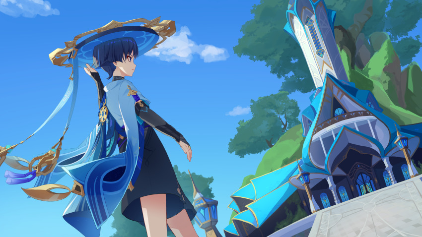 1boy absurdres animal_print arm_at_side armor bird_print black_bodysuit black_bridal_gauntlets black_hair black_shorts blue_cape blue_eyes blue_hair blue_hat blue_sky blue_sleeves blunt_ends bodysuit bridal_gauntlets building cape cloud cloudy_sky eyeliner eyeshadow from_side furisode genshin_impact gold gold_ring hakama hakama_shorts hand_up hat highres hip_vent holding holding_unworn_clothes holding_unworn_hat japanese_armor japanese_clothes jingasa kimono kote kouge_kurame kurokote layered_sleeves looking_to_the_side makeup male_focus middle_eastern_architecture middle_ring multicolored_hair open_hand open_mouth outdoors pleated_shorts red_eyeliner red_eyeshadow scaramouche_(genshin_impact) short_sleeves shorts sideways_mouth sky solo streaked_hair sumeru_city tassel tree turtleneck turtleneck_bodysuit unworn_hat unworn_headwear wanderer_(genshin_impact) white_kimono white_sleeves white_trim
