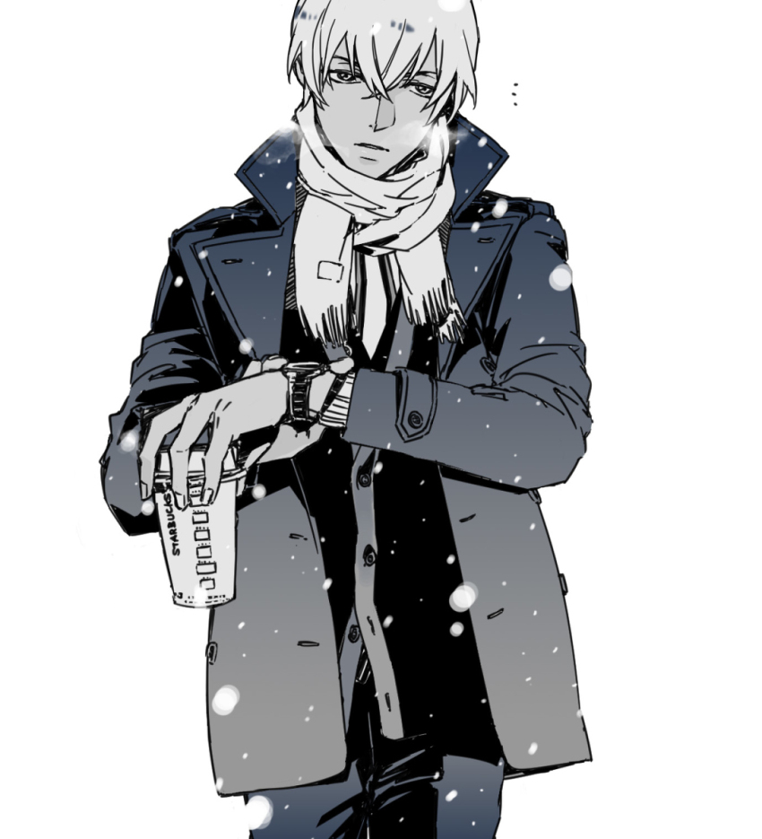 1boy amuro_tooru bad_id bad_pixiv_id cowboy_shot crossed_bangs cup disposable_coffee_cup disposable_cup greyscale hair_between_eyes highres holding holding_cup jacket long_sleeves looking_at_viewer male_focus meitantei_conan monochrome mrc-k notice_lines open_clothes open_jacket pants parted_lips scarf short_hair simple_background snowing solo watch white_background wristwatch