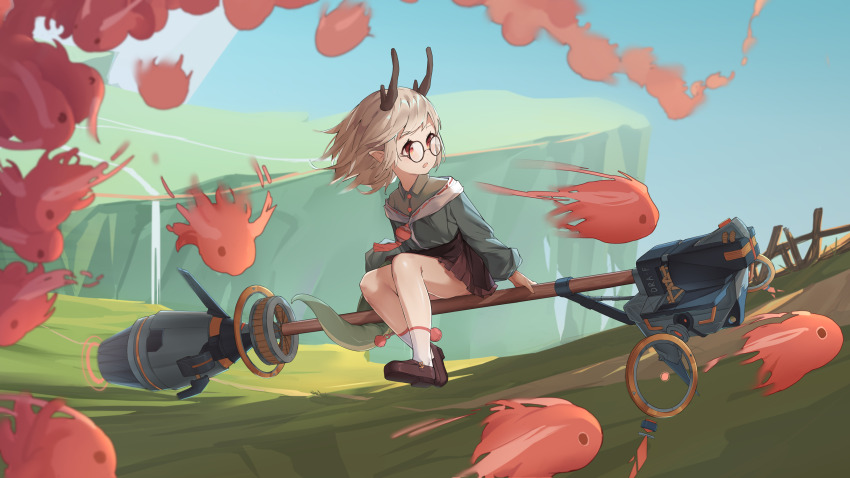 1girl broom broom_riding brown_footwear commentary_request creature dragon dragon_girl dragon_horns dragon_tail eastern_dragon full_body highres horns koebushi_(mat) light_brown_hair loafers long_sleeves looking_afar mechanical_broom original outdoors pointy_ears red_eyes round_eyewear shoes short_hair tail