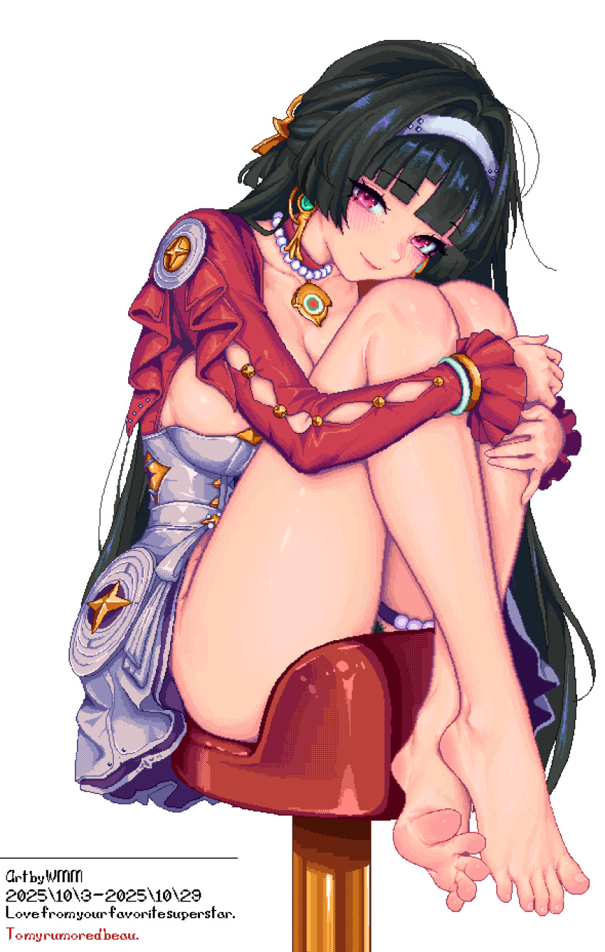1girl absurdres astra_yao barefoot black_hair blush breasts cleavage collarbone cut_bangs dress earrings feet female_pubic_hair foot_focus frilled_sleeves frills hair_intakes hairband highres hugging_own_legs jewelry knees_up large_breasts light_smile long_hair looking_at_viewer necklace no_panties pearl_necklace pink_eyes pixel_art presenting_foot pubic_hair red_shrug short_dress shrug_(clothing) sitting solo straight_hair thighs toes uneven_bangs white_dress white_hairband wmmzkl zenless_zone_zero