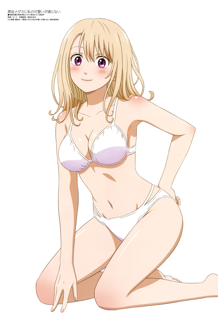 1girl absurdres bare_shoulders bikini blonde_hair blush breasts cleavage closed_mouth collarbone highres kawai_mona kneeling kuroiwa_medaka_ni_watashi_no_kawaii_ga_tsuujinai long_hair looking_at_viewer magazine_scan medium_breasts megami_magazine midriff multi-strapped_bikini_bottom navel official_art purple_eyes scan simple_background smile solo swimsuit thighs white_background white_bikini