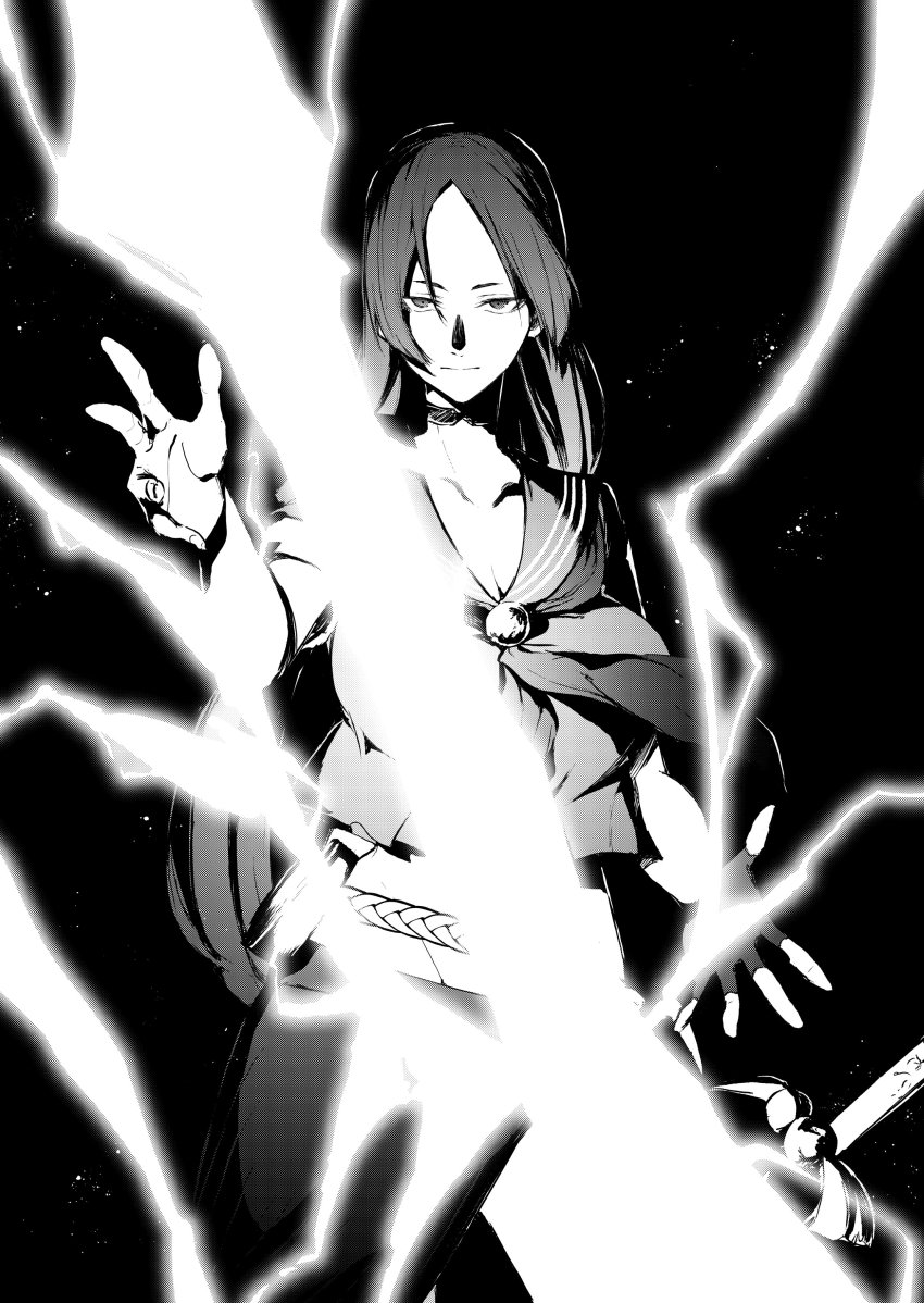 1girl absurdres black_background breasts choker electricity fate/grand_order fate_(series) female_focus glowing glowing_weapon greyscale highres large_breasts long_hair midriff minamoto_no_raikou_(fate) minamoto_no_raikou_(fate/grand_order) minamoto_no_raikou_(swimsuit_lancer)_(fate) minamoto_no_raikou_(swimsuit_lancer)_(second_ascension)_(fate) monochrome sailor_collar solo tsukamoto_minori very_long_hair weapon