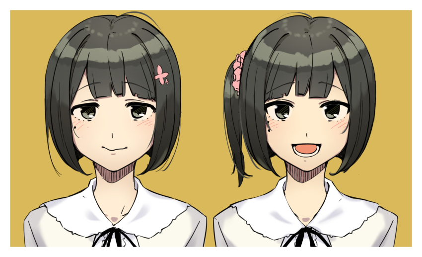 2girls black_eyes black_hair blush flower flowers_(innocent_grey) hair_flower hair_ornament hair_scrunchie highres lower_teeth_only mole mole_under_eye multiple_girls multiple_moles one_side_up open_mouth portrait romaji_commentary sasaki_ichigo sasaki_ringo school_uniform scrunchie shirt shishima_eichi siblings simple_background sisters teeth twins wavy_mouth white_shirt yellow_background