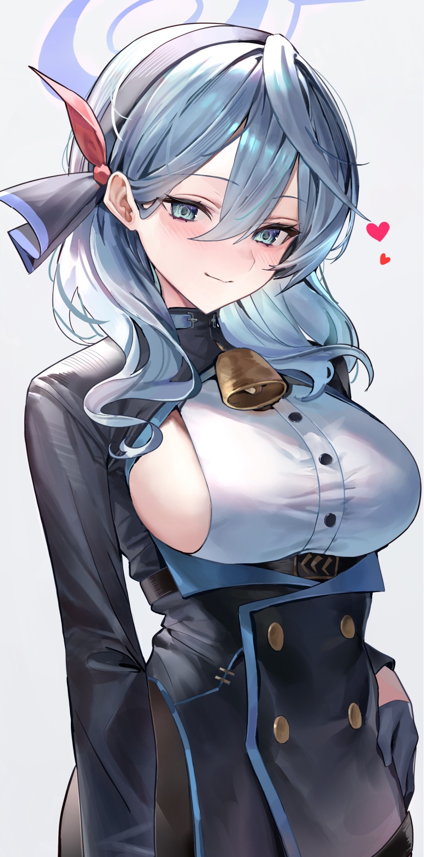 1girl absurdres ako_(blue_archive) bell blue_archive blue_eyes blue_hair breasts heart highres kabi_(zcwd8845) large_breasts long_sleeves looking_at_viewer smile solo underboob