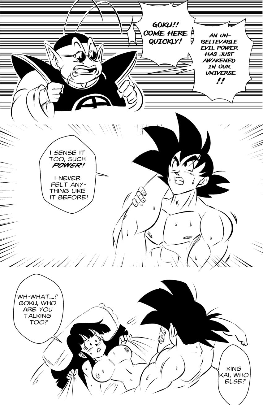 1girl 2boys 3koma abs absurdres antennae armor bed_sheet breasts chi-chi_(dragon_ball) comic commentary dougi dragon_ball emphasis_lines english_text funsexydragonball glasses greyscale highres hime_cut holding_legs large_breasts long_sleeves looking_at_another lying monochrome multiple_boys muscular muscular_male navel nipples north_kaiou nude on_back pillow pointy_ears sanpaku sex sheet_grab shoulder_armor shouting son_goku speech_bubble spiked_hair sweat tareme teeth telepathy typo white_background