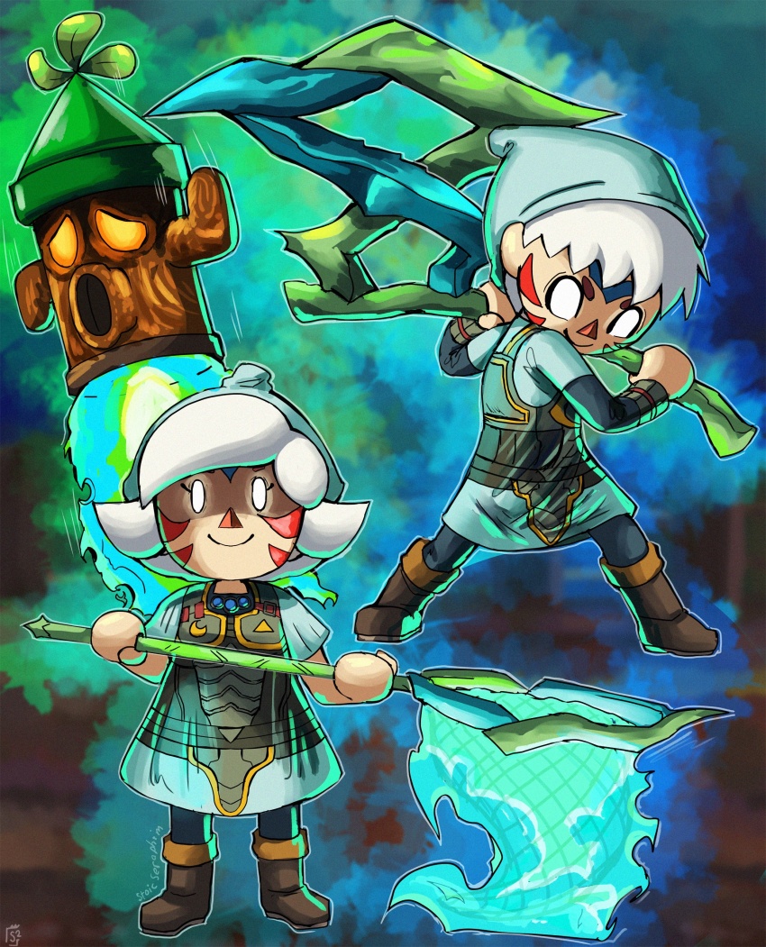 1boy 1girl alternate_costume alternate_eye_color alternate_hair_color alternate_weapon animal_crossing armor aura axe blue_gemstone boots butterfly_net company_connection corruption crescent crescent_moon crescent_moon_print crescent_moon_symbol crescent_print crossover dark_persona deku_scrub double_helix dual_persona evil_smile facial_tattoo fierce_deity gem glowing glowing_eyes hal_laboratory hand_net hat highres holding holding_axe holding_butterfly_net holding_net holding_weapon lloid looking_at_viewer moon net nintendo orange_eyes possessed possession smile stoic_seraphim super_smash_bros. tattoo the_legend_of_zelda the_legend_of_zelda:_majora&#039;s_mask triangle triangle_print villager_(animal_crossing) weapon white_eyes white_hair wrist_guards