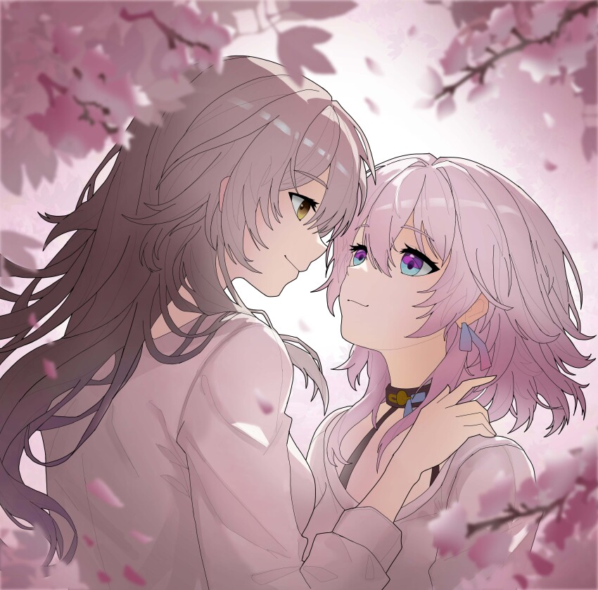 1445286239 2girls absurdres blue_eyes cherry_blossoms closed_mouth earrings eye_contact falling_petals flower grey_hair hand_on_another&#039;s_shoulder highres honkai:_star_rail honkai_(series) jewelry long_hair long_sleeves looking_at_another march_7th_(honkai:_star_rail) multicolored_eyes multiple_girls outdoors petals pink_flower pink_hair purple_eyes shirt short_hair_with_long_locks smile stelle_(honkai:_star_rail) trailblazer_(honkai:_star_rail) tree two-tone_eyes upper_body white_shirt yellow_eyes yuri
