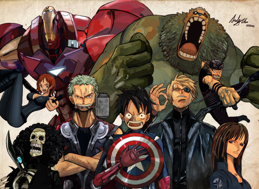 2girls 6+boys afro andimoo armor artist_name avengers_(series) black_hair black_widow black_widow_(cosplay) black_widow_(marvel) blonde_hair blue_hair bodysuit bow_(weapon) breasts brook_(one_piece) cape captain_america captain_america_(cosplay) cigarette cleavage colored_skin cosplay crossed_arms crossover dated drawing_bow eyepatch franky_(one_piece) giant green_hair green_skin gun hammer hawkeye_(marvel) hawkeye_(marvel)_(cosplay) highres holding_bow_(weapon) hulk hulk_(cosplay) iron_man iron_man_(cosplay) jacket loki_(cosplay) loki_(marvel) long_hair maria_hill maria_hill_(cosplay) marvel monkey_d._luffy mouth_hold multiple_boys multiple_girls nami_(one_piece) nick_fury nick_fury_(cosplay) nico_robin one_piece orange_hair parody phil_coulson phil_coulson_(cosplay) power_armor roronoa_zoro sanji_(one_piece) scar shield short_hair signature skeleton smoking thor_(cosplay) thor_(marvel) thor_(marvel)_(cosplay) tony_tony_chopper usopp weapon