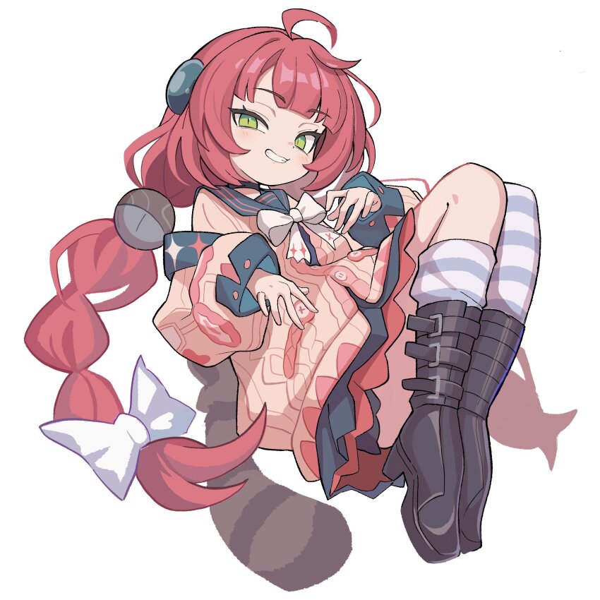 1girl absurdres black_boots black_choker black_sailor_collar blush boots border bow braid cardigan choker green_eyes grin hair_bow highres ketsu_juuji_killer_(kejuki) long_hair long_sleeves looking_at_viewer red_hair sailor_collar simple_background single_sock single_thighhigh smile socks solo striped_clothes striped_socks striped_thighhighs thighhighs twin_braids ukinami_yuzuha very_long_hair white_background white_border white_bow zenless_zone_zero