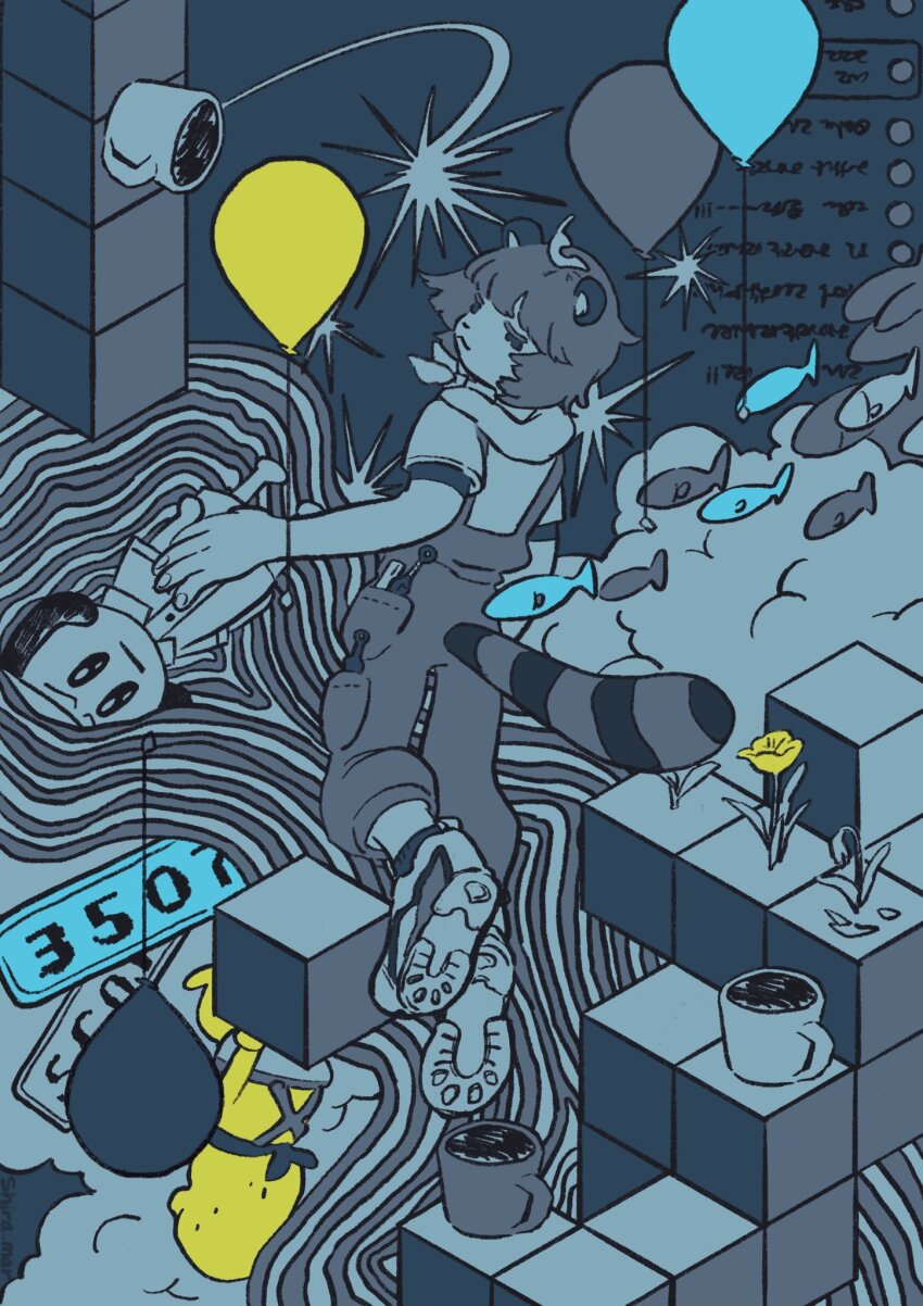 1girl 2boys abstract animal_ears balloon bandana bandana_around_neck character_request chat_log cloud colored_skin commentary_request cube fish floating floating_hair flower flying_fish from_behind full_body half-closed_eyes highres leaf leaf_on_head looking_at_viewer looking_back lying mode_aim monochrome multiple_boys on_side overalls peanuts-kun ponpoko_(vtuber) raccoon_ears raccoon_girl raccoon_tail shiramari shoes short_hair short_sleeves sitting sneakers spot_color star_(symbol) tail virtual_youtuber yellow_flower yellow_skin