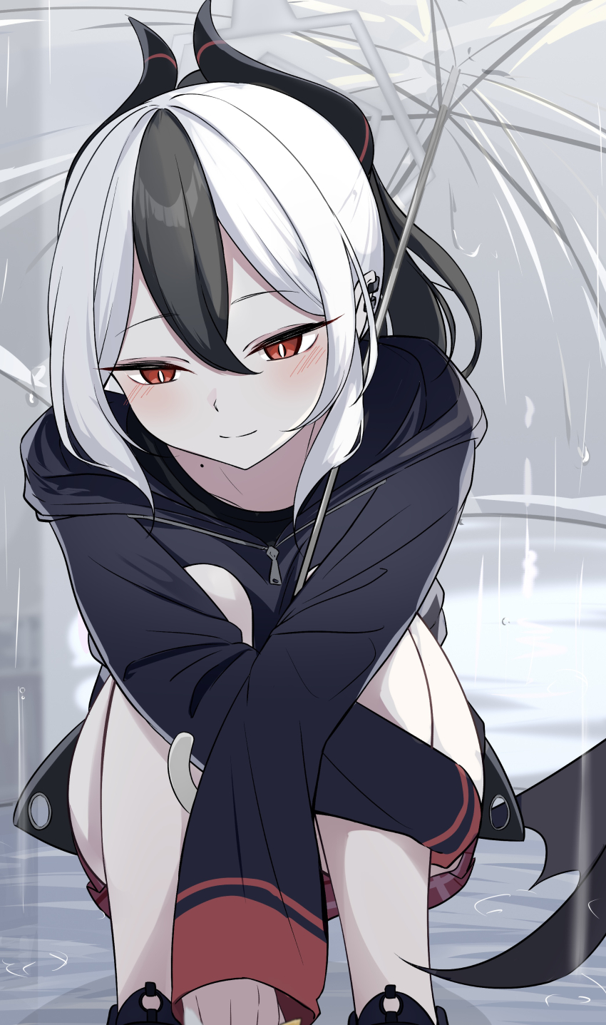 0mooide 1girl absurdres black_hair black_hoodie black_horns blue_archive closed_mouth collarbone commentary_request crossed_arms demon_horns demon_wings earclip grey_halo hair_between_eyes halo highres hood hoodie horns kayoko_(blue_archive) light_blush light_smile long_sleeves mole mole_on_collarbone multicolored_hair outdoors ponytail rain red_eyes red_skirt single_wing skirt solo squatting transparent transparent_umbrella two-tone_hair umbrella white_hair wings zipper