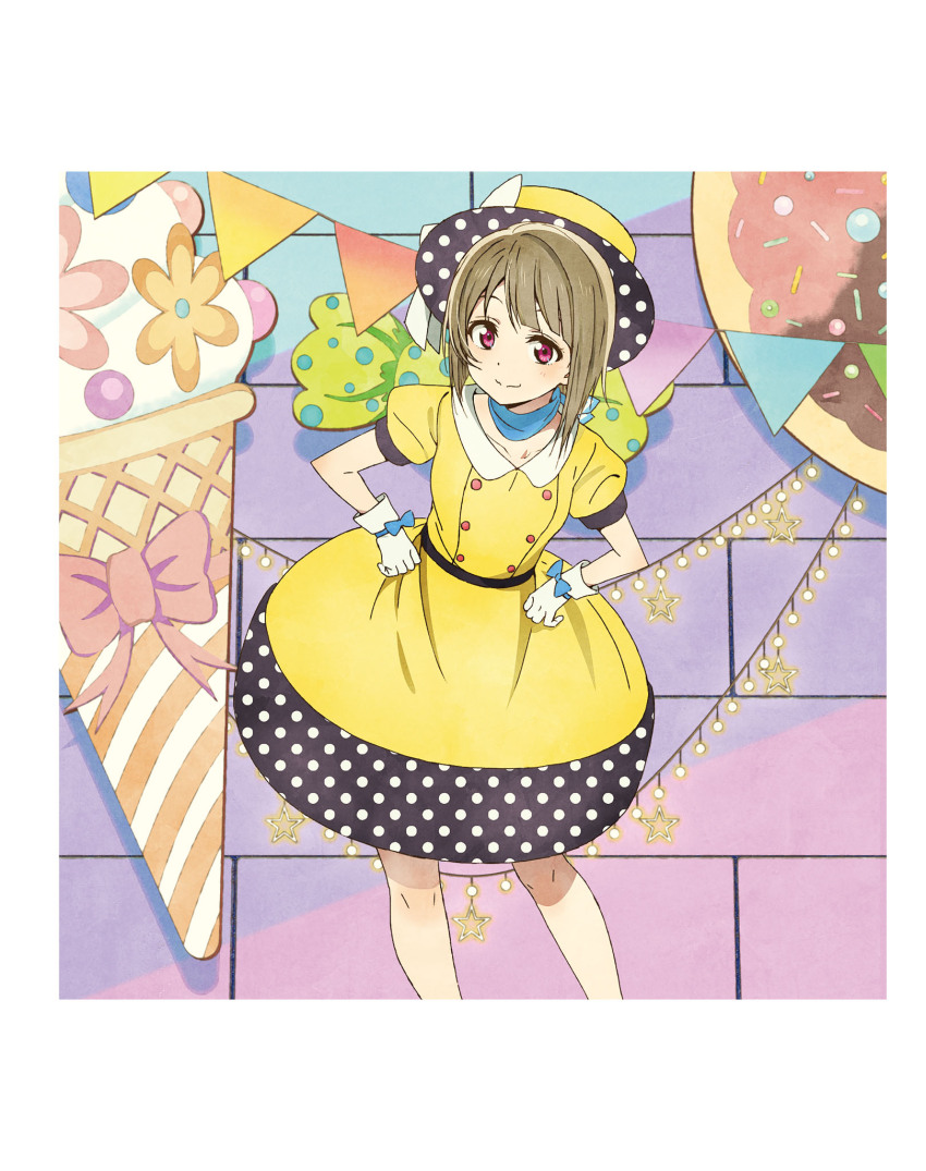 1girl artbook asymmetrical_hair belt bob_cut bow brown_hair buttons dress food gloves grey_hair hat highres ice_cream looking_at_viewer love_live! love_live!_nijigasaki_high_school_idol_club nakasu_kasumi non-web_source official_art oversized_food oversized_object pink_eyes polka_dot polka_dot_headwear poppin&#039;_up!_(love_live!) puffy_short_sleeves puffy_sleeves ribbon short_hair short_sleeves smile solo white_gloves yellow_dress