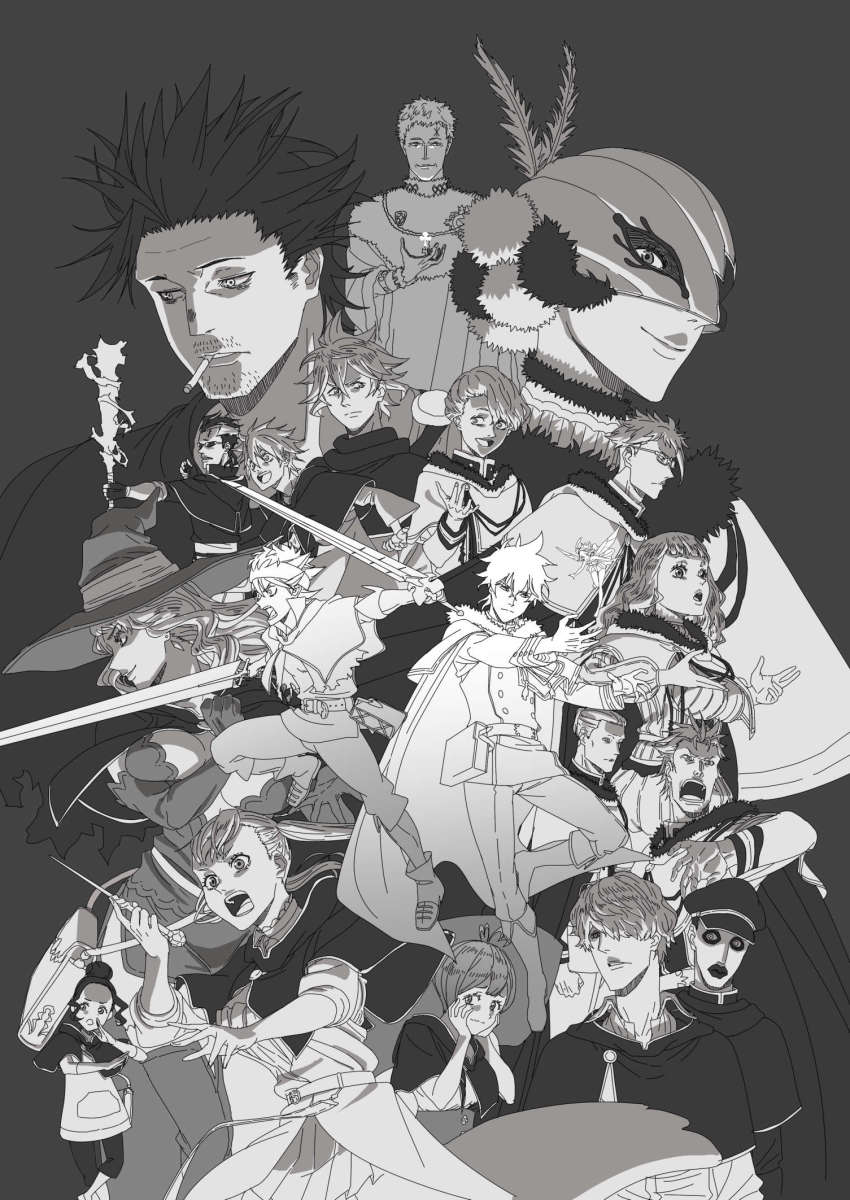 6+boys 6+girls alecdora_sandler asta_(black_clover) black_clover breasts charmy_pappitson cleavage finral_roulacase gauche_adlai gordon_agrippa grey_(black_clover) hat highres julius_novachrono klaus_lunettes langris_vaude large_breasts long_hair luck_voltia magna_swing mimosa_vermillion monochrome multiple_boys multiple_girls noelle_silva open_mouth siren_tium skirt sword sylph_(black_clover) thighhighs twintails vanessa_enoteca weapon william_vangeance witch_hat yami_sukehiro yuno_(black_clover)