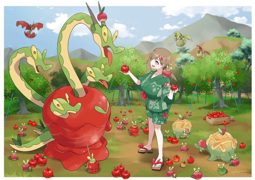 1girl absurdres apple apple_tree appletun applin breasts dipplin flapple food fruit gen_8_pokemon glassy0302 highres hydrapple large_breasts nintendo pokemon pokemon_sv sky tree