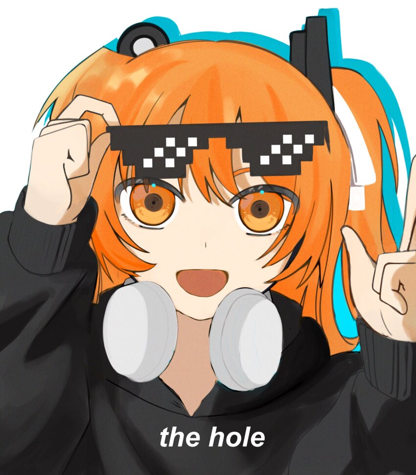 1girl a.i._voice adachi_rei alternate_costume black_hoodie deal_with_it_(meme) drop_shadow eyewear_lift hair_ribbon hands_up headlamp headphones headphones_around_neck highres hood hood_down hoodie jinsei_wa_hourensou long_sleeves looking_at_viewer medium_hair meme one_side_up open_mouth orange_eyes orange_hair portrait radio_antenna ribbon salute simple_background smile solo song_name straight-on sunglasses the_hole_(utau) two-finger_salute utau white_background white_ribbon