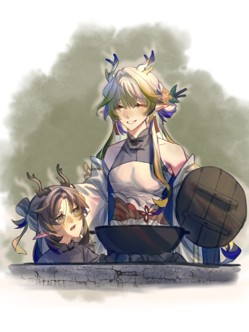 1boy 1girl ^_^ aged_down antlers arknights bare_shoulders blonde_hair blush brown_hair chinese_commentary closed_eyes commentary_request cooking dragon_girl dragon_horns earrings haoxiang_shuijiao highres holding holding_lid horns jewelry ji_(arknights) lid long_hair looking_at_another mole mole_under_eye multicolored_hair off_shoulder open_mouth pointy_ears purple_hair shu_(arknights) smile standing streaked_hair white_hair yellow_eyes