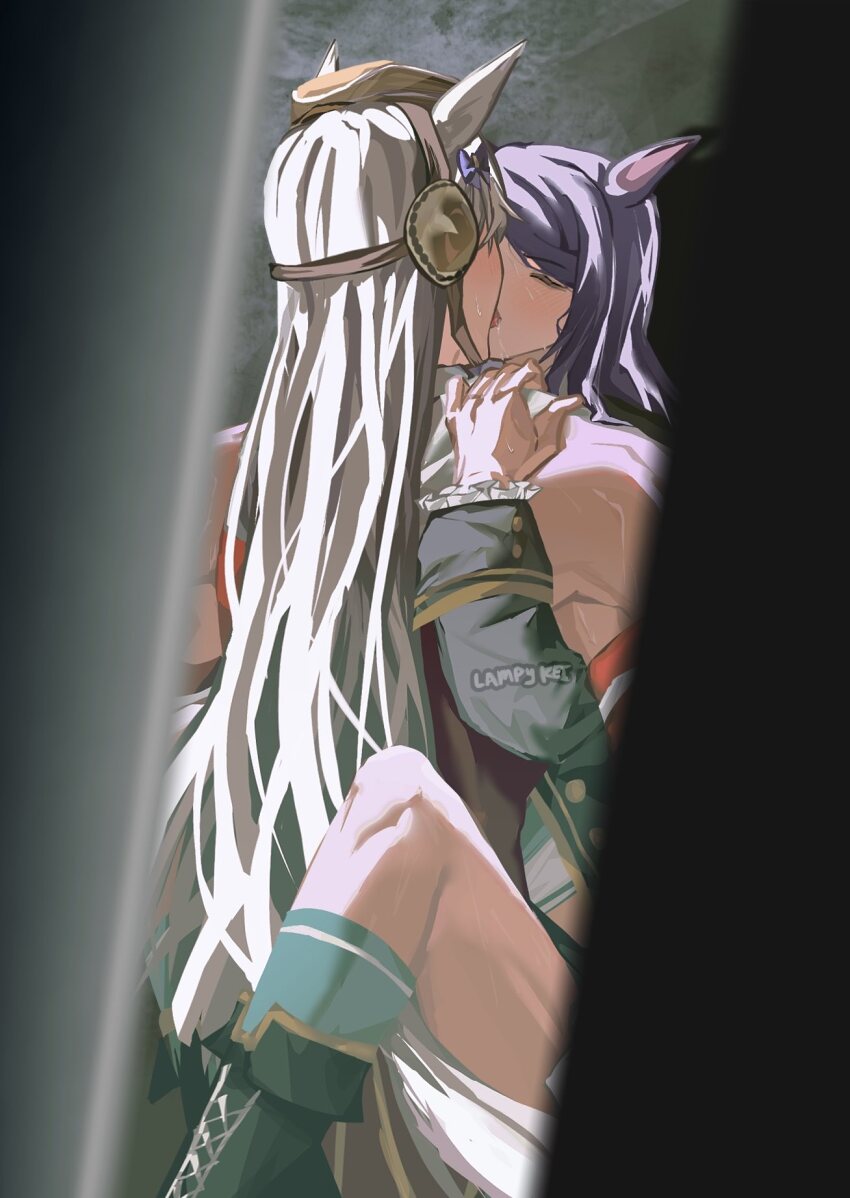 2girls animal_ears armband black_boots black_jacket blunt_bangs blush boots bow brown_hat closed_eyes dress ear_bow french_kiss gold_ship_(red_strife)_(umamusume) gold_ship_(umamusume) green_socks grey_hair hat highres horse_ears horse_girl horse_tail jacket kiss lampy_uikoko long_hair long_sleeves mejiro_mcqueen_(frontline_elegance)_(umamusume) mejiro_mcqueen_(umamusume) multiple_girls pillbox_hat purple_bow purple_hair red_dress sleeveless sleeveless_dress socks striped_armband striped_clothes sweat tail umamusume yuri