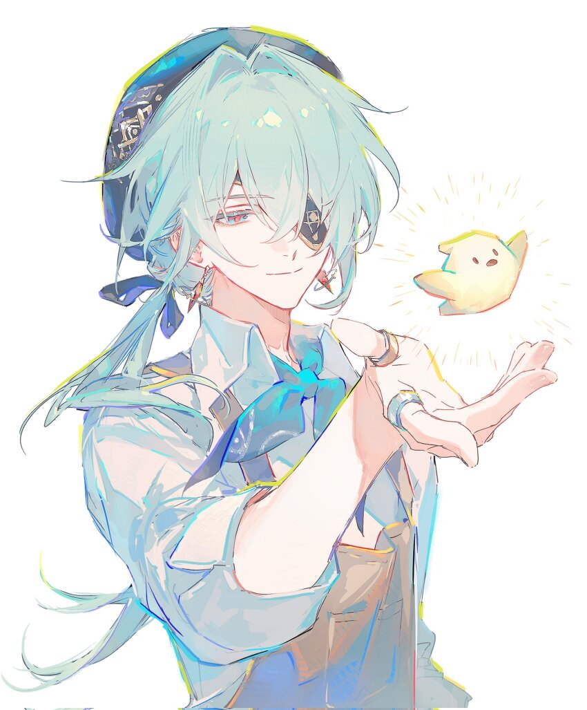 1boy alternate_costume anaxa_(honkai:_star_rail) apron aqua_hair bird blue_eyes blue_hat brown_apron closed_mouth hat highres honkai_(series) male_focus medium_hair pink_pupils renjian_shilian side_ponytail simple_background smile solo upper_body white_background