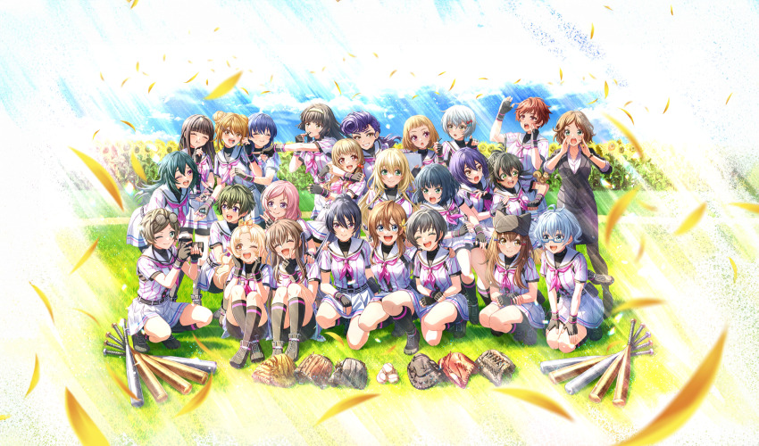 6+girls :o ;) ;d ^_^ aisaka_koko akino_komugi amakusa_kotone aqua_eyes arched_bangs arihara_tsubasa asahina_iroha ball bangs_pinned_back baseball_(object) baseball_bat baseball_field baseball_glove baseball_uniform beads belt belt_buckle belt_pouch bike_shorts_under_skirt black-framed_eyewear black_belt black_gloves black_hair black_jacket black_pouch black_shorts black_skirt black_undershirt blonde_hair blue-framed_eyewear blue_bow blue_eyes blue_hair blunt_bangs blurry bow brown_eyes brown_hair buckle camera cinderella_series closed_eyes closed_mouth crossed_bangs dark_blue_hair depth_of_field double_bun eating everyone eyewear_on_head falling_petals field fingerless_gloves flower flower_field game_cg glasses gloves green_eyes green_hair hachigatsu_no_cinderella_nine hair_beads hair_between_eyes hair_bobbles hair_bow hair_bun hair_ornament hair_ribbon hairband hairclip hanayama_emi hase_maria high_ponytail highres hiiragi_kotoha holding holding_camera izumida_kyouka jacket kakehashi_momoko kawakita_tomoe kneeling knees_up kondou_saki light_blue_hair long_hair looking_at_another looking_at_viewer low_twintails metal_baseball_bat multiple_girls nagai_kanako nakano_ayaka naoe_tayu neckerchief nitta_minako non-web_source nozaki_yuuki official_art on_grass one_eye_closed open_mouth orange_bow orange_eyes outdoors over-rim_eyewear parted_bangs petals pink_hair pink_neckerchief pleated_skirt pompadour ponytail pouch purple_eyes purple_hair red_bow red_eyes red_hair ribbon round_eyewear sakagami_mei satogahama_baseball_uniform semi-rimless_eyewear senba_ayako shiina_yukari_(hachigatsu_no_cinderella_nine) shinonome_ryo shirt shirt_under_shirt short_hair short_sleeves shorts sitting skirt sleeves_rolled_up smile sportswear squatting standing striped_belt striped_clothes striped_shirt sunflower sunflower_field suzuki_waka taketomi_aya teeth tsukishima_yui_(hachigatsu_no_cinderella_nine) twintails ukita_akane under-rim_eyewear upper_teeth_only vertical-striped_clothes vertical-striped_shirt very_long_hair wavy_hair white_hair white_ribbon wristband yellow_bow yellow_eyes yellow_hairband yellow_petals