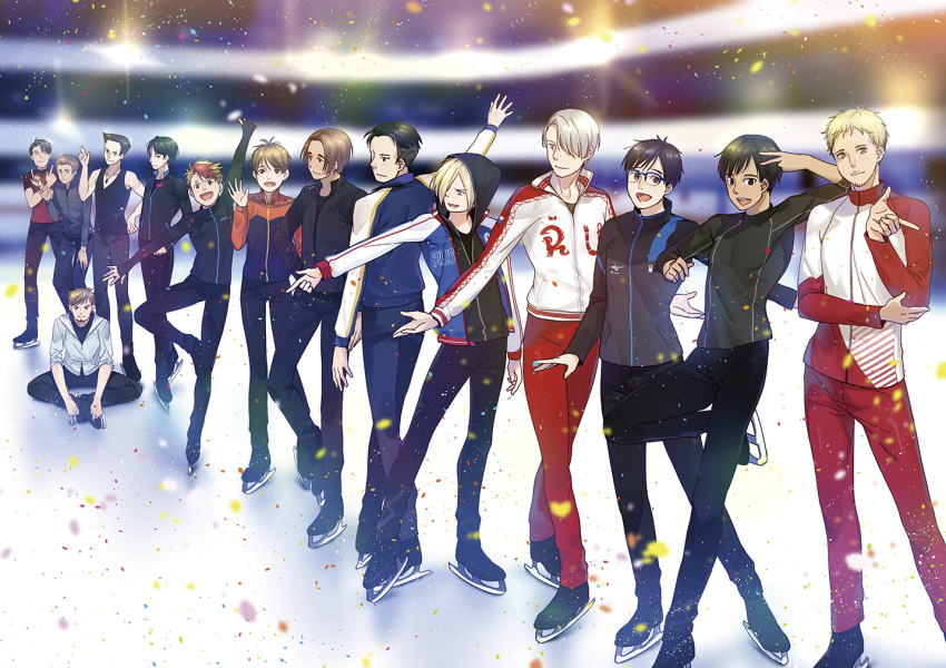 6+boys :d bad_id bad_pixiv_id beard black_hair blonde_hair blue_eyes brown_eyes christophe_giacometti confetti emil_nekola facial_hair fang georgi_popovich green_eyes hair_over_one_eye hood hoodie ice_skates it&#039;s_j.j._style! jacket jean-jacques_leroy ji_guang-hong katsuki_yuuri lee_seung-gil leo_de_la_iglesia male_focus michele_crispino minami_kenjirou multicolored_hair multiple_boys open_mouth otabek_altin outstretched_arms pants phichit_chulanont red_hair sitting skates smile spread_arms standing standing_on_one_leg stubble tank_top track_jacket track_pants two-tone_hair v viktor_nikiforov yuri!!!_on_ice yuri_plisetsky yuyu_(yuyudesu0806)