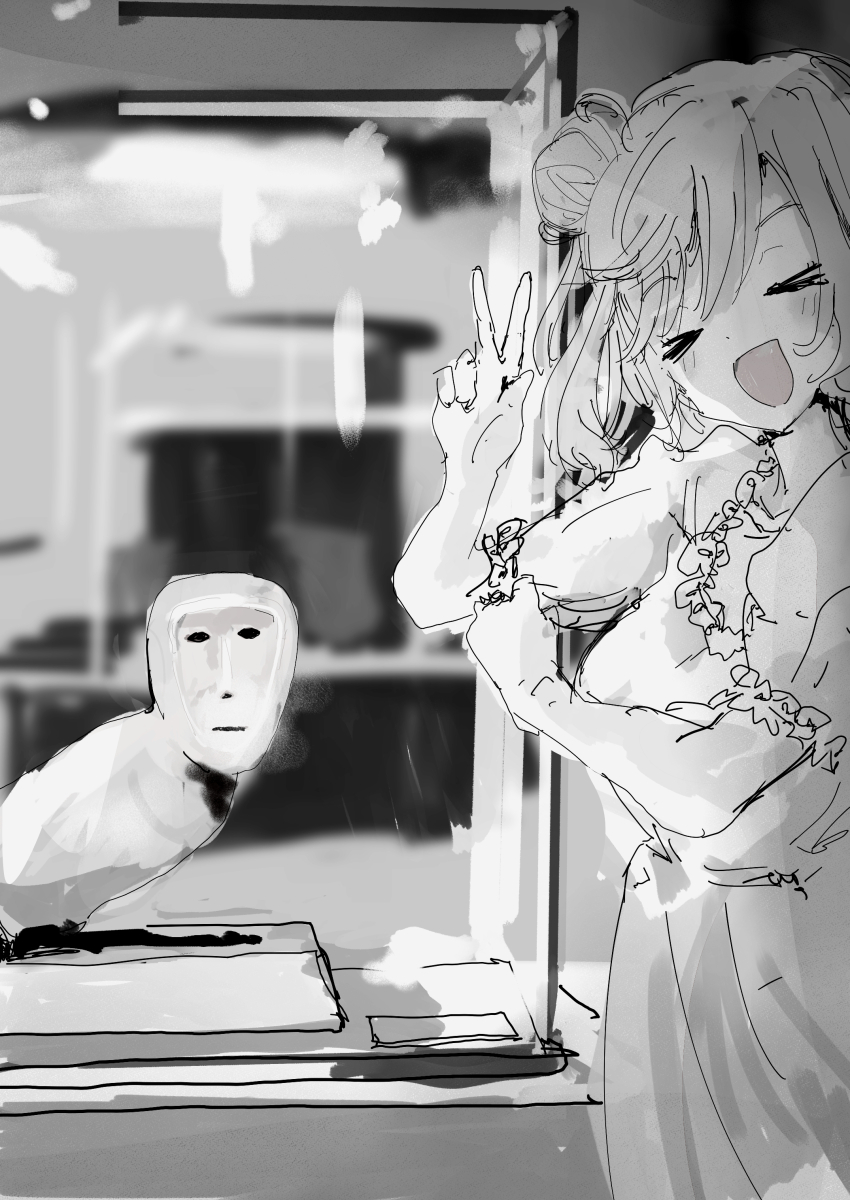 1girl absurdres blurry blurry_background blush breasts cevio commentary_request cowboy_shot display_case dress excited facing_viewer greyscale hair_bun hand_up highres indoors kabuyama_kaigi large_breasts monochrome museum open_mouth puffy_short_sleeves puffy_sleeves satou_sasara sculpture short_sleeves side_ponytail single_side_bun smile solo w