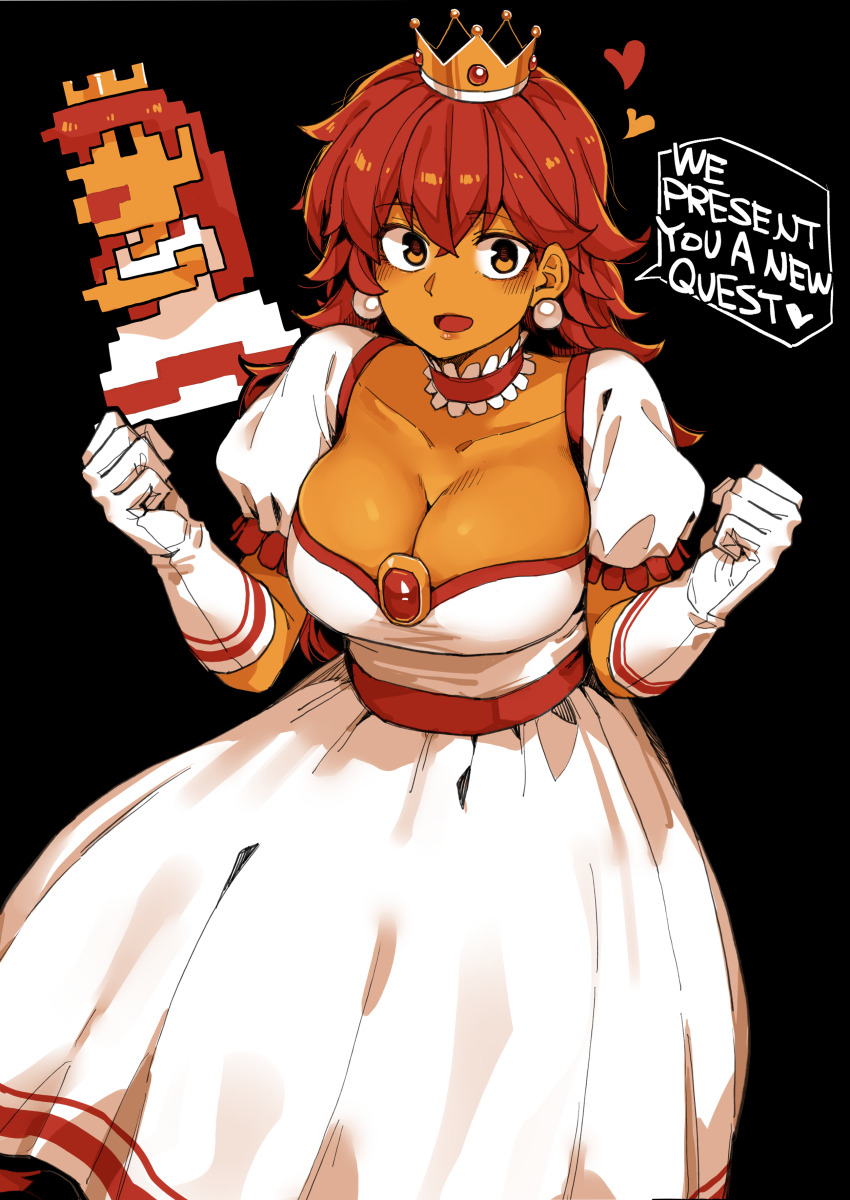 1girl absurdres breasts brown_eyes brown_hair cleavage crown dark-skinned_female dark_skin dress earrings english_text gloves heart highres jewelry large_breasts long_hair mario_(series) nintendo open_mouth princess_peach puffy_short_sleeves puffy_sleeves reference_inset short_sleeves speech_bubble sphere_earrings super_mario_bros._1 tadd_(tatd) very_long_hair white_dress white_gloves