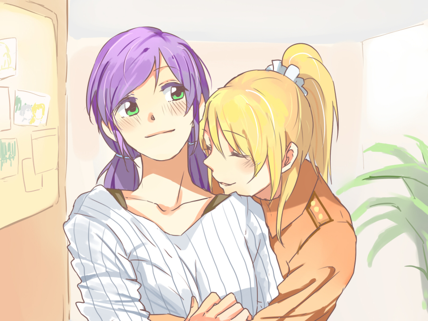 2girls ayase_eli blonde_hair casual collarbone collared_shirt drawing_(object) green_eyes hair_ornament hair_scrunchie highres hug knightym22 long_hair looking_at_another love_live! love_live!_school_idol_project low_twintails multiple_girls plant ponytail purple_hair ribbed_shirt scrunchie shirt smile tojo_nozomi twintails upper_body white_scrunchie yuri