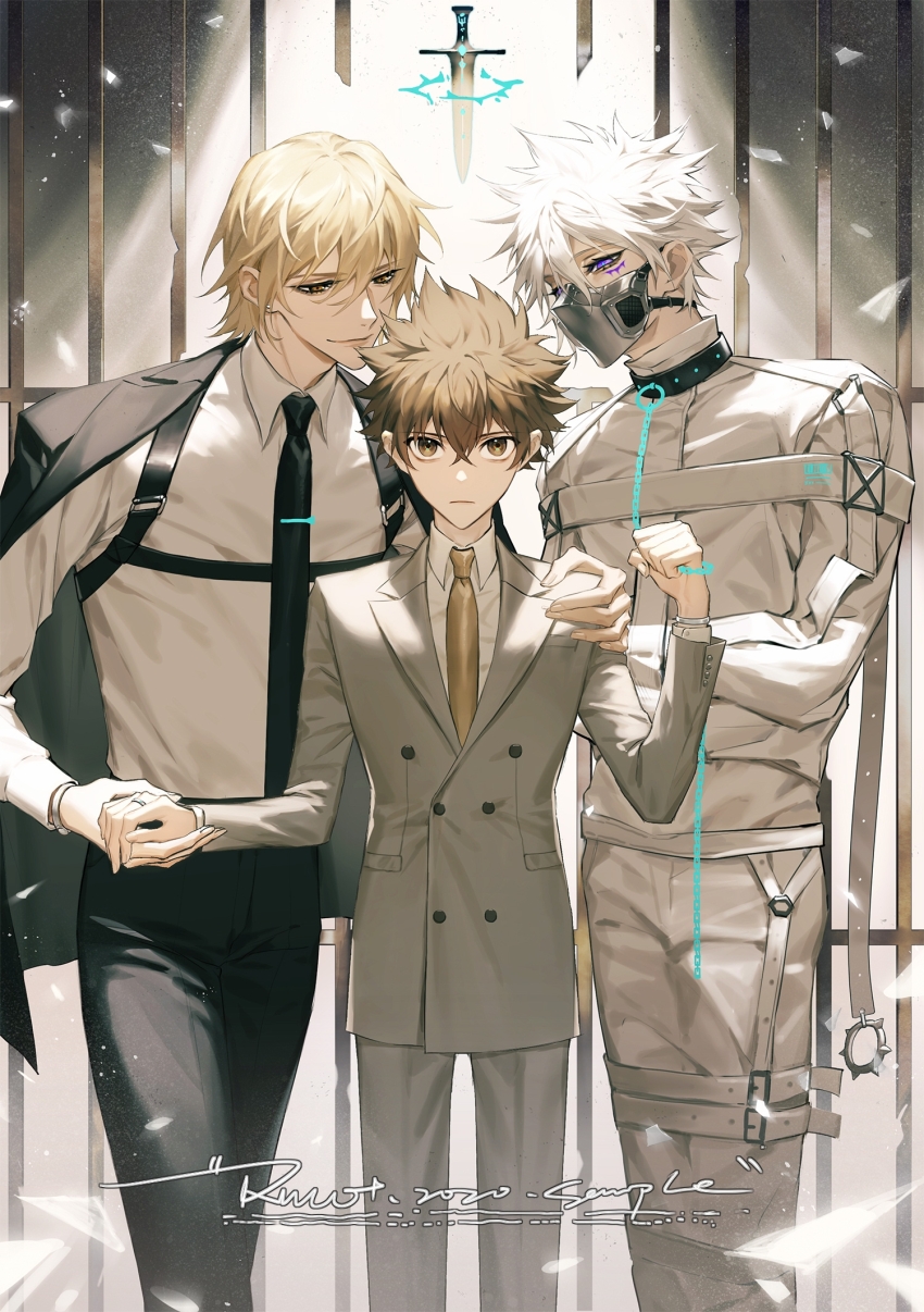 3boys black_jacket blonde_hair brown_eyes brown_hair byakuran chain closed_mouth collar collared_shirt dino_(reborn) english_text formal_clothes hair_between_eyes harness highres holding_hands jacket katekyo_hitman_reborn! long_sleeves looking_at_viewer male_focus mask multiple_boys necktie pants purple_eyes ru_(famia) sample_watermark sawada_tsunayoshi shirt short_hair spiked_hair standing straitjacket suit watermark white_hair white_shirt yaoi yellow_eyes