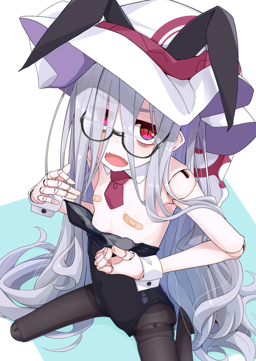 1girl animal_ears bandaid bandaids_on_nipples black_leotard black_pantyhose detached_collar doll_joints fake_animal_ears fangs flat_chest glasses grey_hair highres joints leotard long_hair looking_at_viewer necktie ogami_kazuki open_mouth original pantyhose pasties playboy_bunny red_eyes red_necktie semi-rimless_eyewear short_necktie solo strapless strapless_leotard textless_version under-rim_eyewear very_long_hair wrist_cuffs