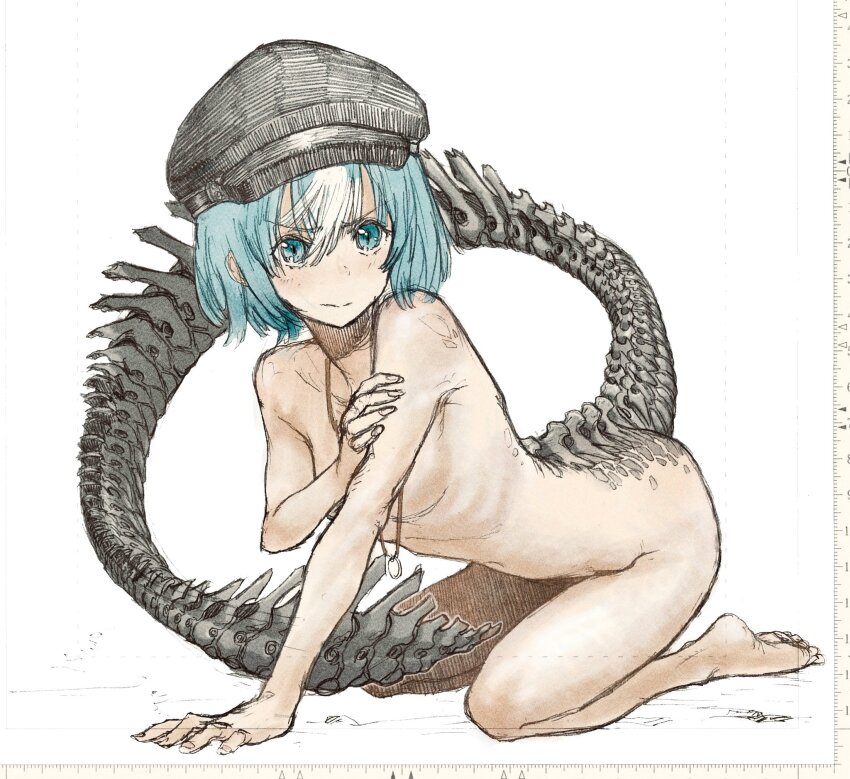 1girl aqua_eyes aqua_hair breasts character_request commentary_request copyright_request covering_breasts covering_privates dragon_girl dragon_tail hat highres looking_at_viewer nude omao short_hair simple_background sketch small_breasts solo tail white_background