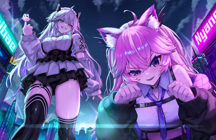 2girls ahoge animal_ear_fluff animal_ears black_jacket black_sky black_thighhighs breasts cat_ears cat_girl censored censored_gesture character_name cleavage closed_mouth cloud collared_shirt demon_girl demon_horns dress fang frilled_dress frills grey_hair highres horns indie_virtual_youtuber jacket large_breasts looking_at_viewer maid_headdress middle_finger multiple_girls nyatasha_nyanners o-ring o-ring_thigh_strap open_mouth paw_pose pink_hair shirt skin_fang sky smile thigh_strap thighhighs vei_(vtuber) virtual_youtuber white_dress white_shirt yjyj_2045 zettai_ryouiki