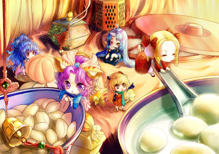 5girls alfimi animal_ears antenna_hair banpresto bell cat_ears cat_tail chibi drill_hair eating egg food hand_fan horns in_food latune_subbota long_hair mini_person minigirl multiple_girls neon_genesis_evangelion ponytail shine_hausen single_horn souryuu_asuka_langley st.microscope super_robot_wars super_robot_wars_og_saga_mugen_no_frontier suzuka_hime tail very_long_hair
