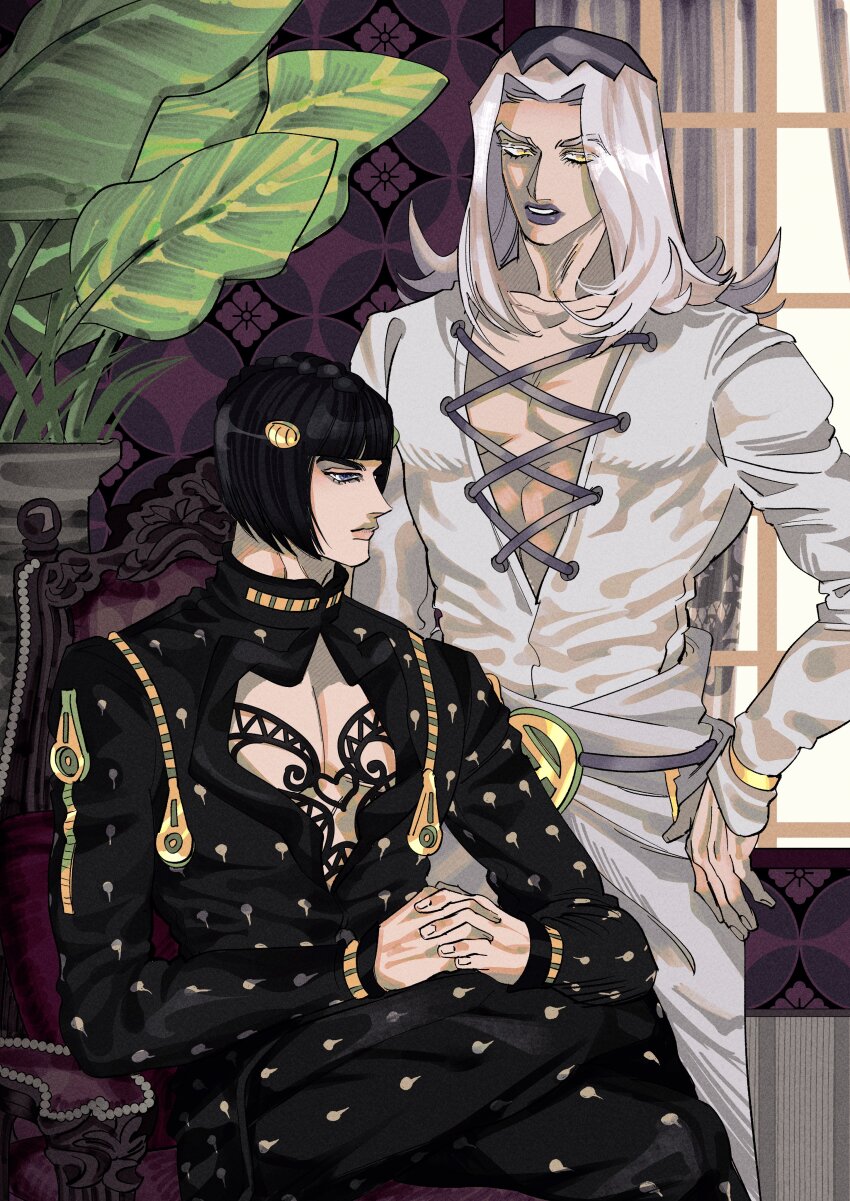2boys absurdres bare_pectorals black_hair bob_cut bruno_bucciarati danggo99 formal_clothes highres jojo_no_kimyou_na_bouken leone_abbacchio long_hair long_sleeves multiple_boys pectorals purple_lips sitting suit white_hair zipper zipper_pull_tab